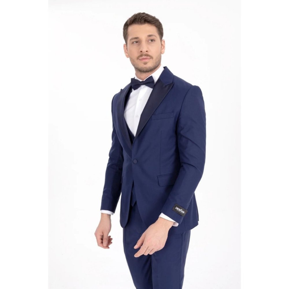 Derman Navy Satin Collar 3 Piece Tuxedo